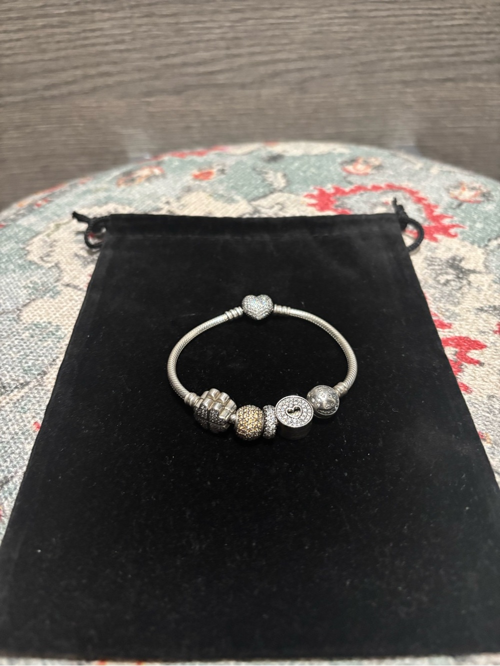 Pandora Silver Bracelet with Gold and Silver Pave Charms